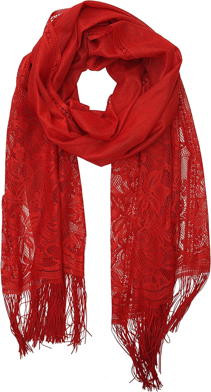 YOUR SMILE Ladies/Women'S Lightweight Solid Color Fringe Lace Tassels Long Shawl Scarf for Spring Summer Fall Apparel & Accessories > Clothing Accessories > Scarves & Shawls YOUR SMILE Red  