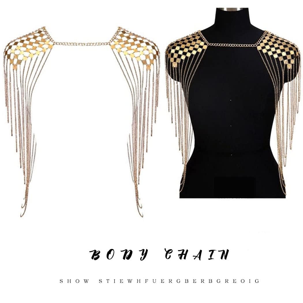 Yovic Boho Gold Body Chain Sexy Sequins Shoulder Chain Necklace Bikini Tassel Bra Chains Rave Nightclub Party Body Jewelry for Women and Girls (Gold-4) Apparel & Accessories > Jewelry > Body Jewelry Yovic   