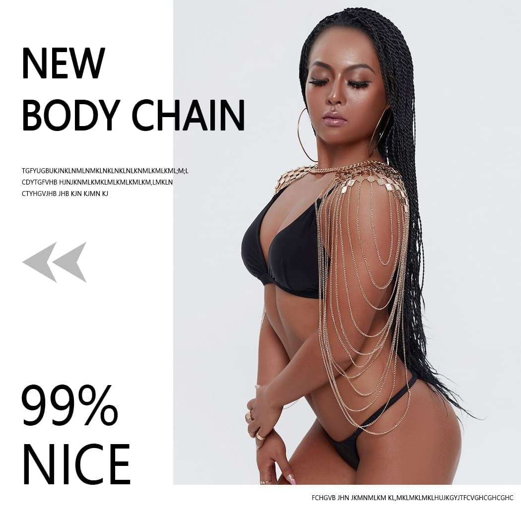 Yovic Boho Gold Body Chain Sexy Sequins Shoulder Chain Necklace Bikini Tassel Bra Chains Rave Nightclub Party Body Jewelry for Women and Girls (Gold-4) Apparel & Accessories > Jewelry > Body Jewelry Yovic   