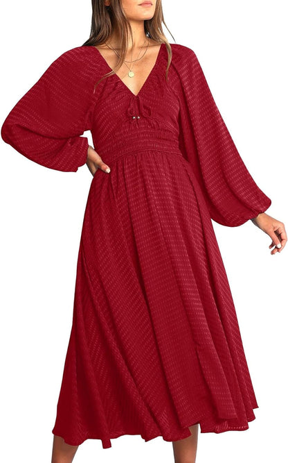 YOVION Women'S 2023 Fall Dress Plaid Puff Long Sleeve Sweetheart V Neck Ruffle Loose Flowy Midi Dresses Red / Medium