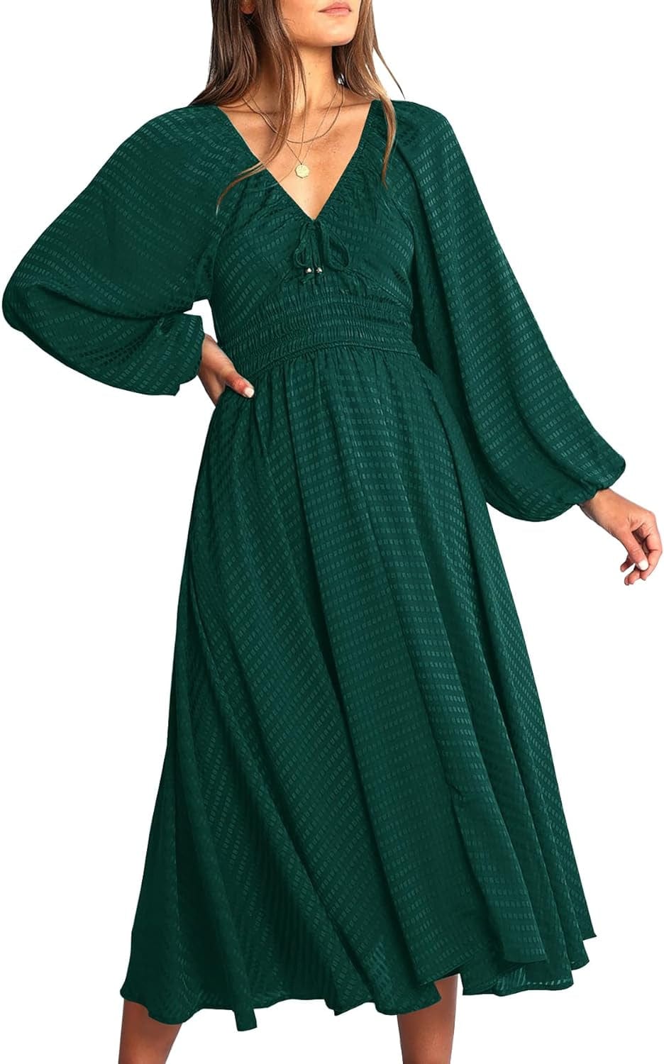 YOVION Women'S 2023 Fall Dress Plaid Puff Long Sleeve Sweetheart V Neck Ruffle Loose Flowy Midi Dresses Green / Large