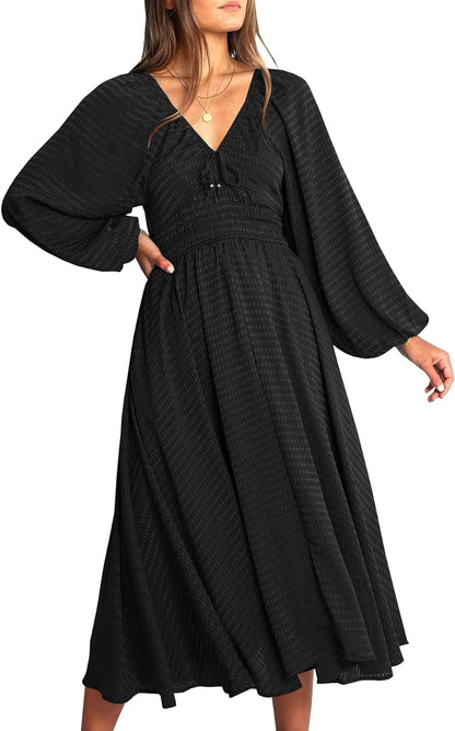 YOVION Women'S 2023 Fall Dress Plaid Puff Long Sleeve Sweetheart V Neck Ruffle Loose Flowy Midi Dresses Black / Small