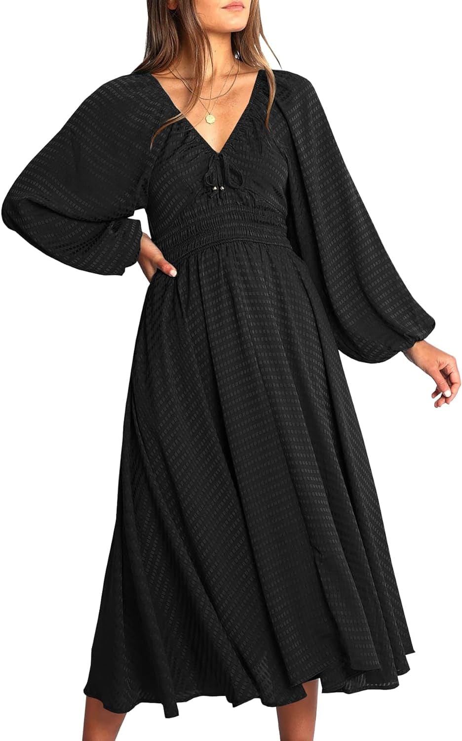 YOVION Women'S 2023 Fall Dress Plaid Puff Long Sleeve Sweetheart V Neck Ruffle Loose Flowy Midi Dresses Black / Large