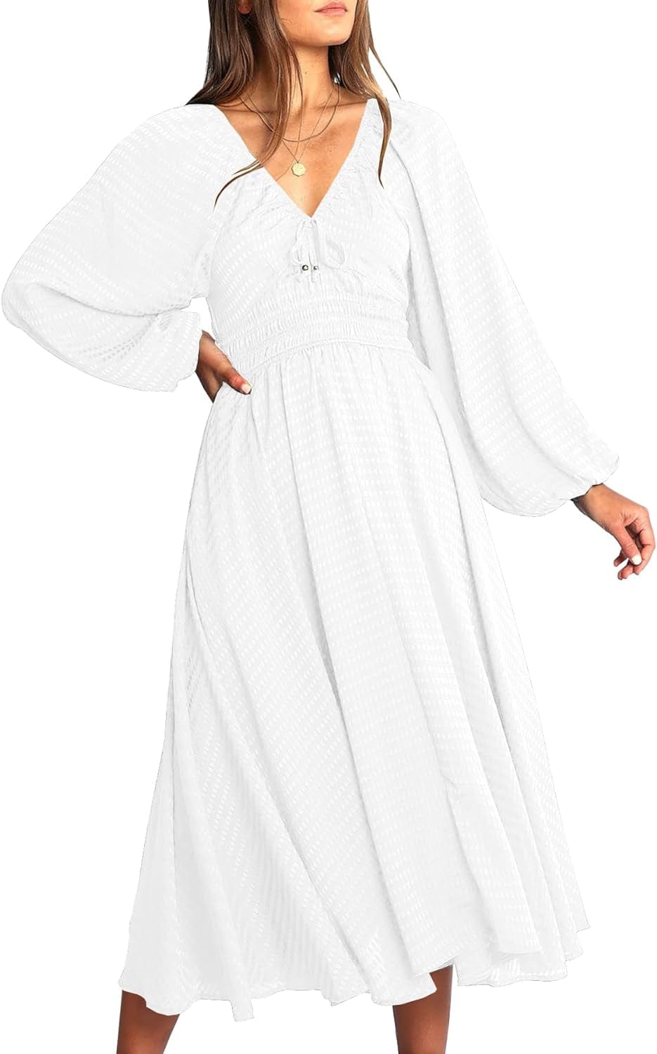 YOVION Women'S 2023 Fall Dress Plaid Puff Long Sleeve Sweetheart V Neck Ruffle Loose Flowy Midi Dresses White / Small