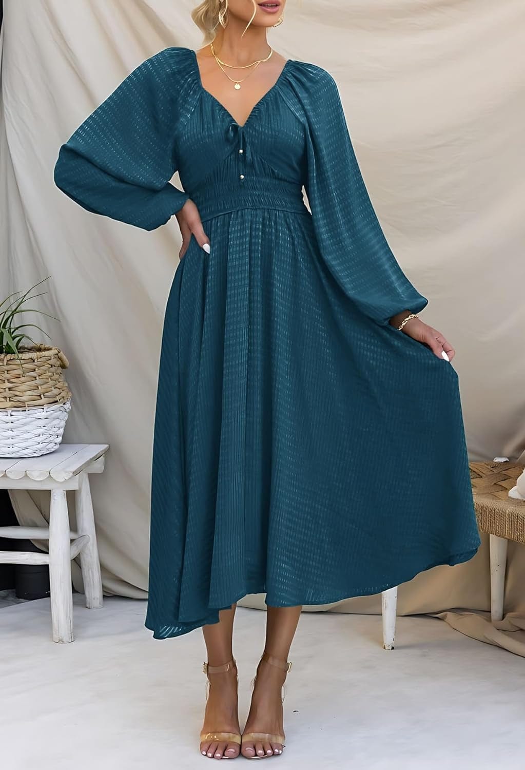 YOVION Women'S 2023 Fall Dress Plaid Puff Long Sleeve Sweetheart V Neck Ruffle Loose Flowy Midi Dresses