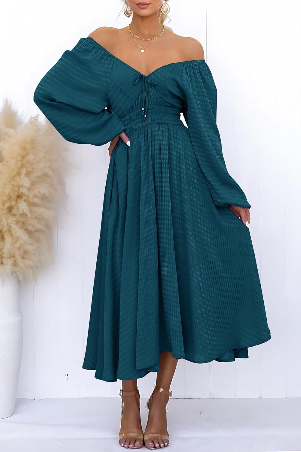 YOVION Women'S 2023 Fall Dress Plaid Puff Long Sleeve Sweetheart V Neck Ruffle Loose Flowy Midi Dresses