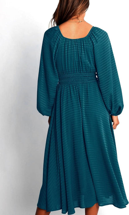 YOVION Women'S 2023 Fall Dress Plaid Puff Long Sleeve Sweetheart V Neck Ruffle Loose Flowy Midi Dresses