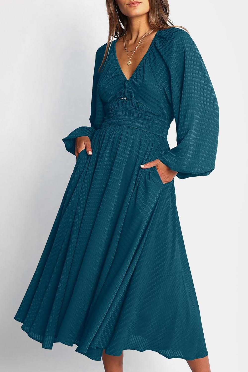 YOVION Women'S 2023 Fall Dress Plaid Puff Long Sleeve Sweetheart V Neck Ruffle Loose Flowy Midi Dresses