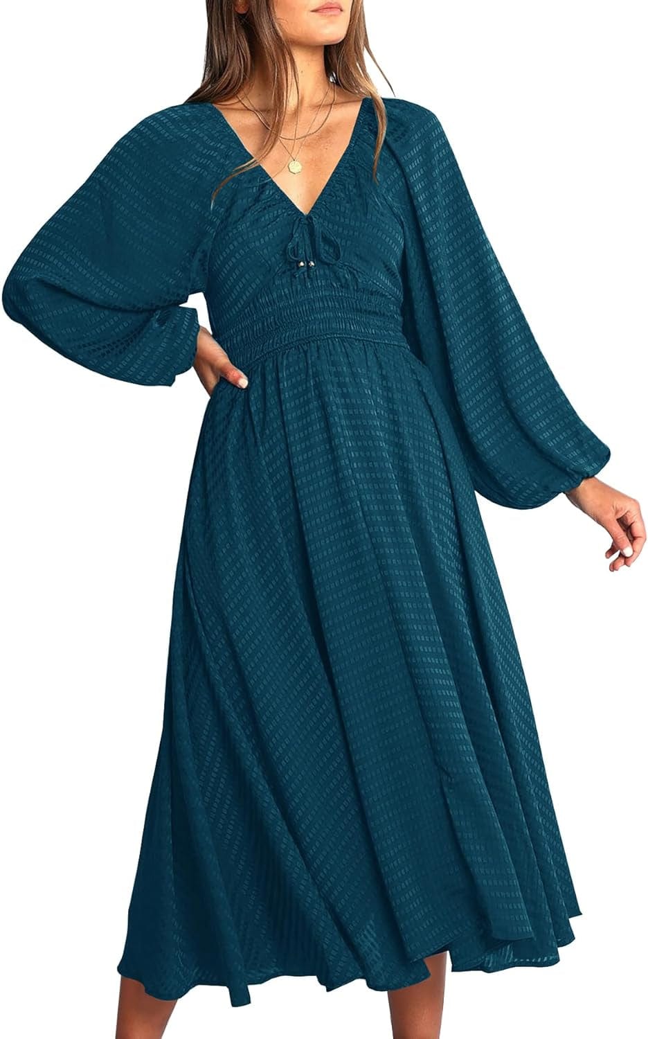 YOVION Women'S 2023 Fall Dress Plaid Puff Long Sleeve Sweetheart V Neck Ruffle Loose Flowy Midi Dresses