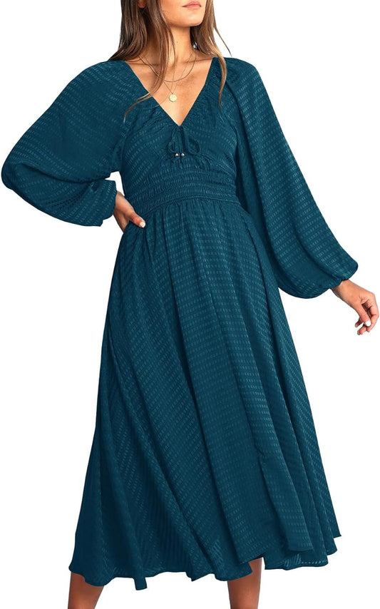 YOVION Women'S 2023 Fall Dress Plaid Puff Long Sleeve Sweetheart V Neck Ruffle Loose Flowy Midi Dresses