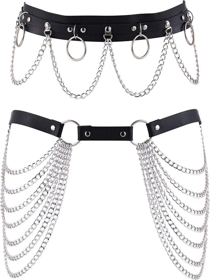 YOVORO 2PCS Punk Waist Belly Chain Belt for Women Leather Layered Body Chain Dance Pary Body Accessories Jewelry Apparel & Accessories > Jewelry > Body Jewelry YOVORO   