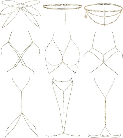 YOVORO 9PCS Sexy Belly Waist Chain for Women Bikini Body Chain Beach Bra Chain Jewelry Set Apparel & Accessories > Jewelry > Body Jewelry YOVORO Gold  