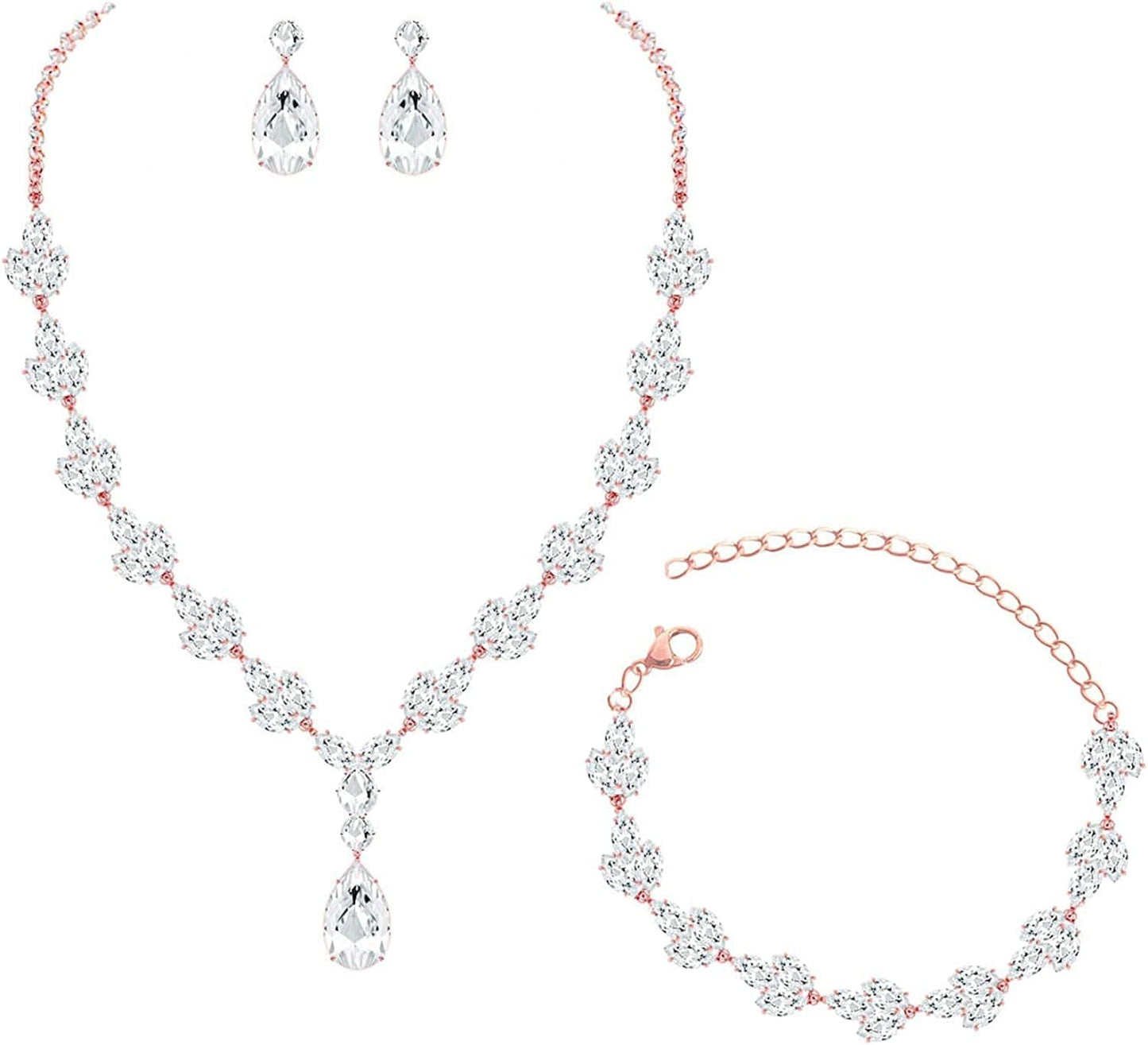 YSOUL CZ Zirconia Necklace Earrings Bracelet Jewelry Sets for Prom Wedding Bridal Bridesmaid Rose Gold