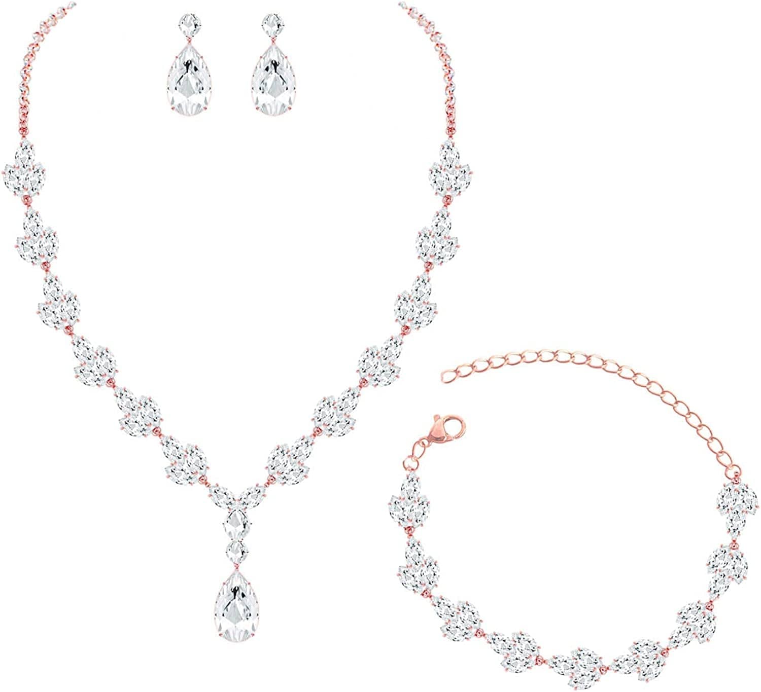 YSOUL CZ Zirconia Necklace Earrings Bracelet Jewelry Sets for Prom Wedding Bridal Bridesmaid Rose Gold