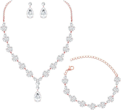 YSOUL CZ Zirconia Necklace Earrings Bracelet Jewelry Sets for Prom Wedding Bridal Bridesmaid Rose Gold