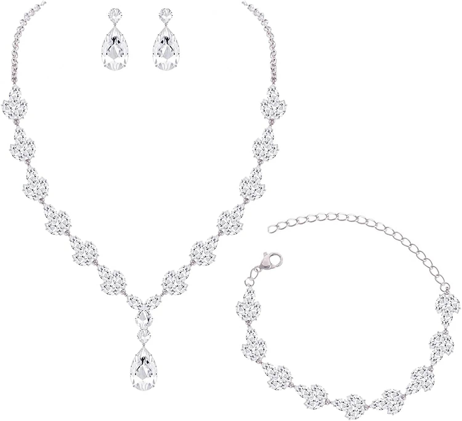 YSOUL CZ Zirconia Necklace Earrings Bracelet Jewelry Sets for Prom Wedding Bridal Bridesmaid White Gold