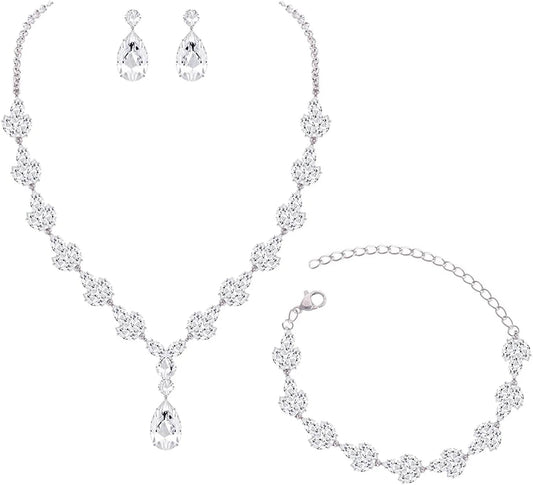 YSOUL CZ Zirconia Necklace Earrings Bracelet Jewelry Sets for Prom Wedding Bridal Bridesmaid White Gold