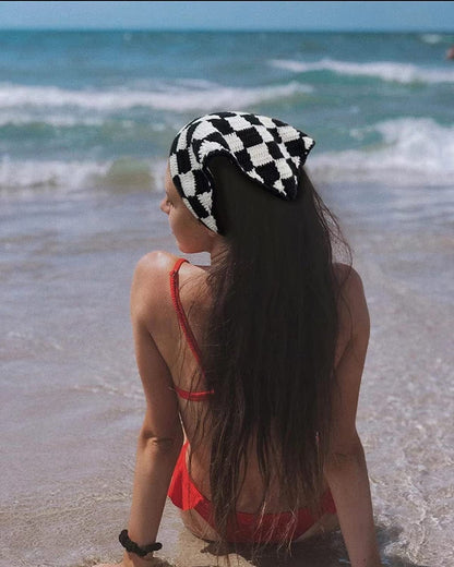 Yummyyoung Checkered Crochet Bandana Handmade Headband Y2K Kerchief Headscarf Hair Tie Back Scarf for Womens Black White Checkered Apparel & Accessories > Clothing Accessories > Bandanas & Headties YummyYoung   
