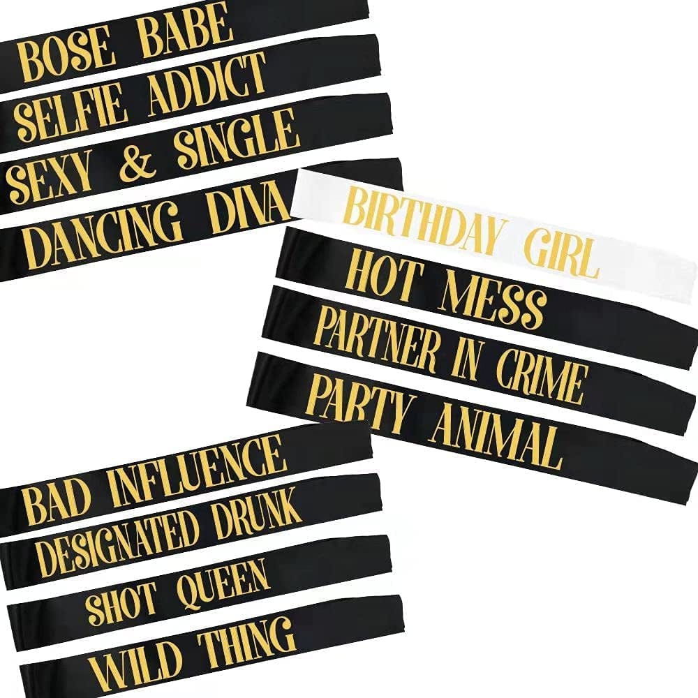 YZDING Birthday Sashes for Girl Women， Happy Birthday Queen Gift Sash Set for Party Supplies Fun Party Favors Decorations,12 Pack (Rose Gold), 33*3.8 Inch Apparel & Accessories > Clothing Accessories > Sashes YZDING Black and White  