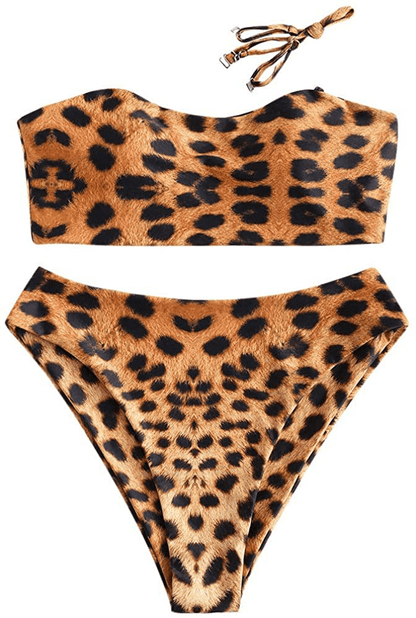 ZAFUL Bikini Removable Straps Bandeau Two Piece Bathing Suits for Women Apparel & Accessories > Clothing > Swimwear ZAFUL Leopard-b Small 