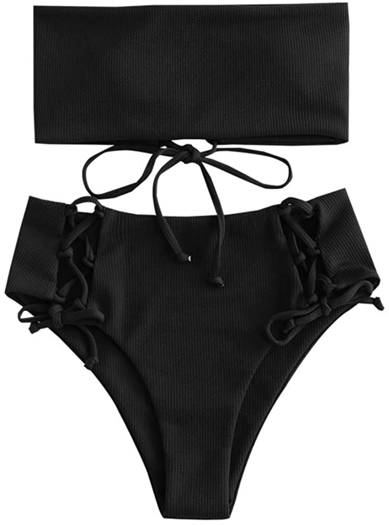 ZAFUL Bikini Removable Straps Bandeau Two Piece Bathing Suits for Women Apparel & Accessories > Clothing > Swimwear ZAFUL Black-strapless Large 