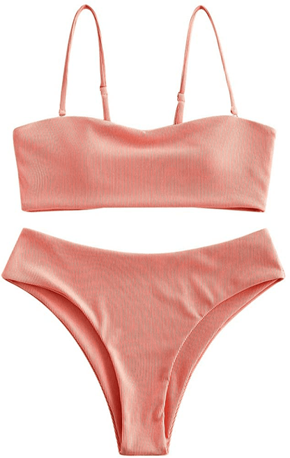 ZAFUL Bikini Removable Straps Bandeau Two Piece Bathing Suits for Women Apparel & Accessories > Clothing > Swimwear ZAFUL Orange Pink-ribbed Medium 