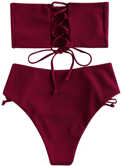 ZAFUL Bikini Removable Straps Bandeau Two Piece Bathing Suits for Women Apparel & Accessories > Clothing > Swimwear ZAFUL Red Wine-strapless Large 