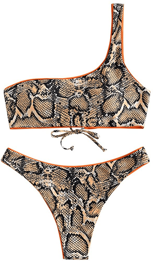 ZAFUL Bikini Snakeskin One Shoulder Reversible Bathing Suit Padded Lace Up 2 Piece Swimsuits for Women Apparel & Accessories > Clothing > Swimwear ZAFUL Mango Orange Small 