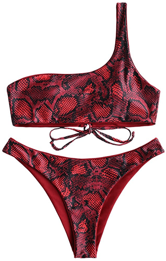 ZAFUL Bikini Snakeskin One Shoulder Reversible Bathing Suit Padded Lace Up 2 Piece Swimsuits for Women Apparel & Accessories > Clothing > Swimwear ZAFUL Lava Red Small 