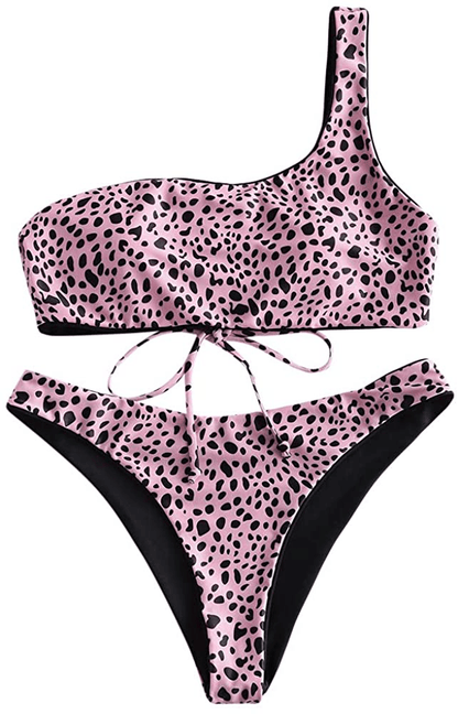 ZAFUL Bikini Snakeskin One Shoulder Reversible Bathing Suit Padded Lace Up 2 Piece Swimsuits for Women Apparel & Accessories > Clothing > Swimwear ZAFUL Blush Red Small 
