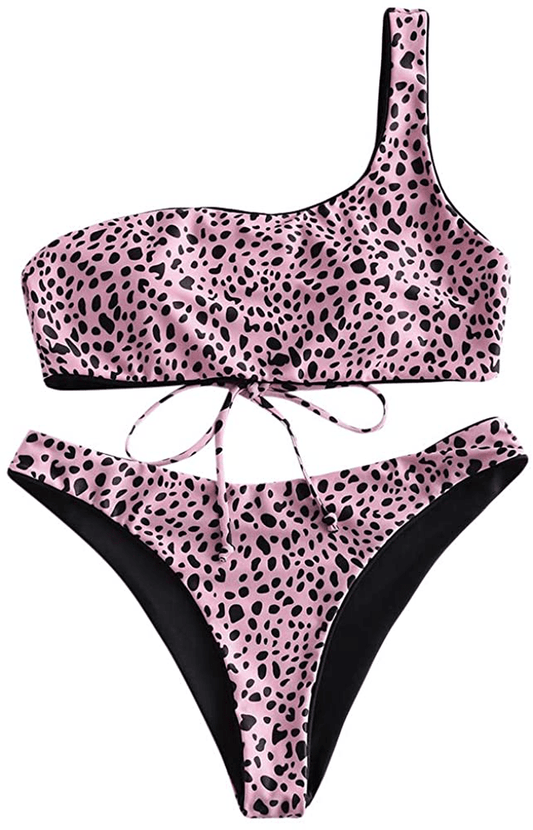 ZAFUL Bikini Snakeskin One Shoulder Reversible Bathing Suit Padded Lace Up 2 Piece Swimsuits for Women Apparel & Accessories > Clothing > Swimwear ZAFUL Blush Red Small 