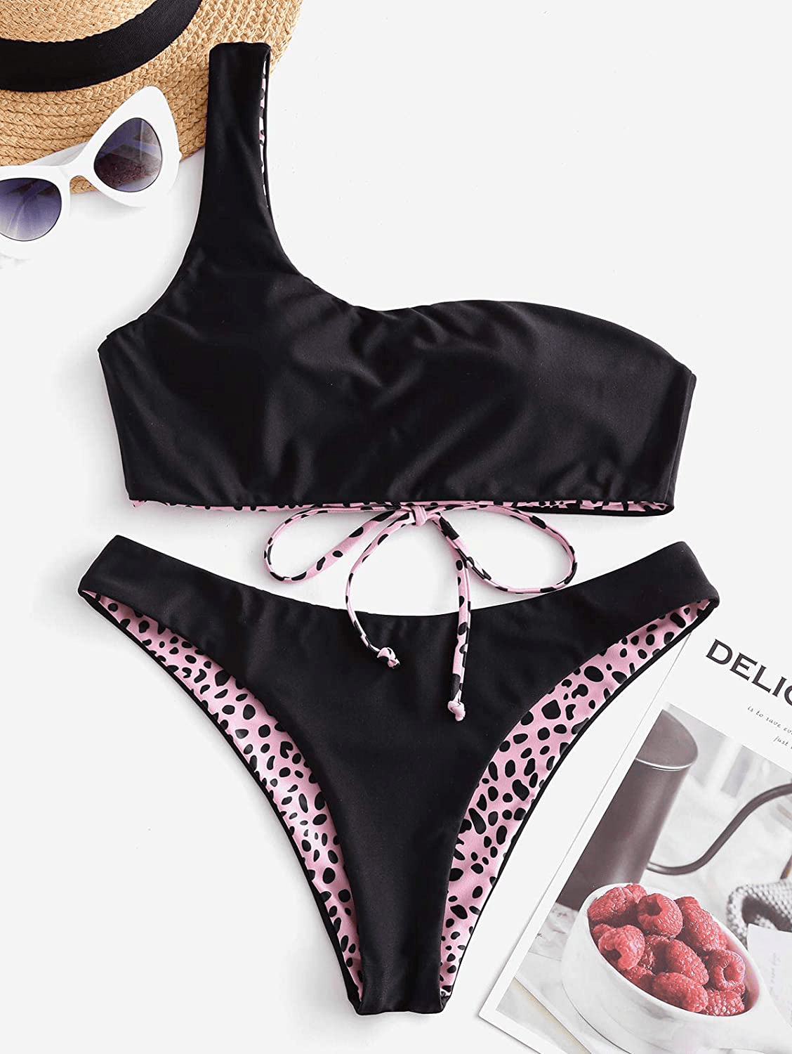 ZAFUL Bikini Snakeskin One Shoulder Reversible Bathing Suit Padded Lace Up 2 Piece Swimsuits for Women Apparel & Accessories > Clothing > Swimwear ZAFUL   