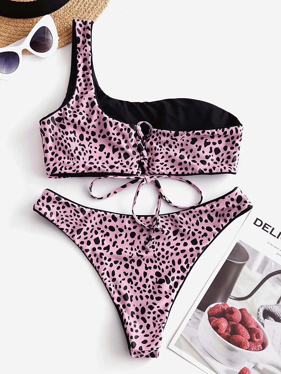 ZAFUL Bikini Snakeskin One Shoulder Reversible Bathing Suit Padded Lace Up 2 Piece Swimsuits for Women Apparel & Accessories > Clothing > Swimwear ZAFUL   