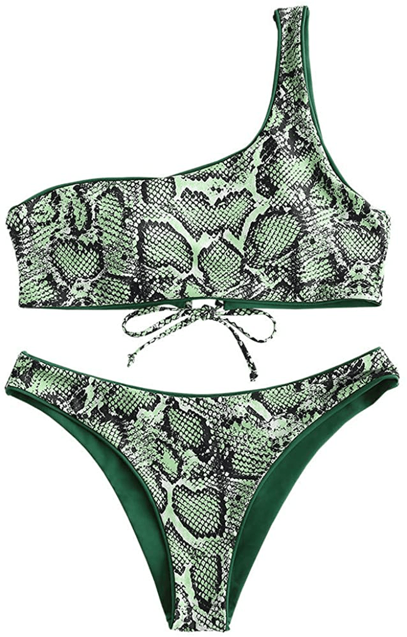 ZAFUL Bikini Snakeskin One Shoulder Reversible Bathing Suit Padded Lace Up 2 Piece Swimsuits for Women Apparel & Accessories > Clothing > Swimwear ZAFUL Medium Forest Green Medium 