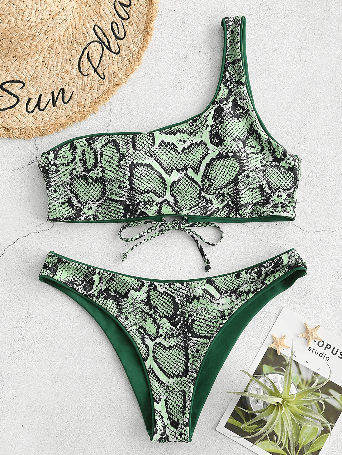 ZAFUL Bikini Snakeskin One Shoulder Reversible Bathing Suit Padded Lace Up 2 Piece Swimsuits for Women Apparel & Accessories > Clothing > Swimwear ZAFUL   