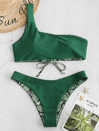 ZAFUL Bikini Snakeskin One Shoulder Reversible Bathing Suit Padded Lace Up 2 Piece Swimsuits for Women Apparel & Accessories > Clothing > Swimwear ZAFUL   