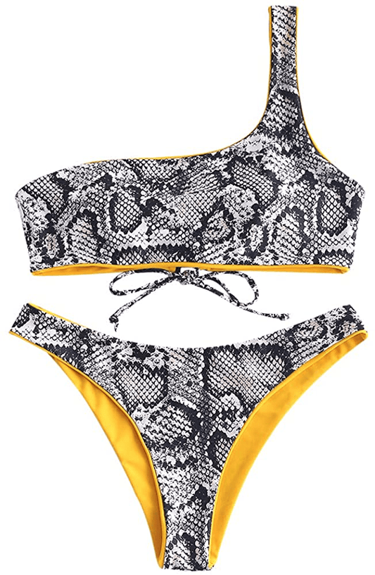 ZAFUL Bikini Snakeskin One Shoulder Reversible Bathing Suit Padded Lace Up 2 Piece Swimsuits for Women Apparel & Accessories > Clothing > Swimwear ZAFUL Mustard Small 