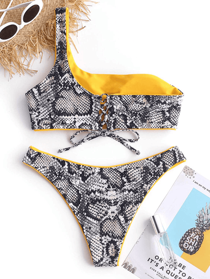 ZAFUL Bikini Snakeskin One Shoulder Reversible Bathing Suit Padded Lace Up 2 Piece Swimsuits for Women Apparel & Accessories > Clothing > Swimwear ZAFUL   