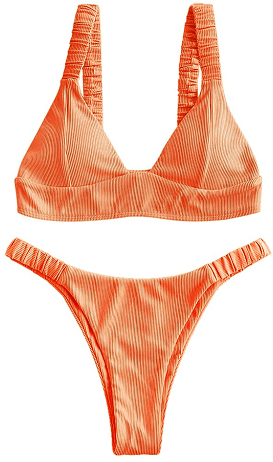 ZAFUL Women 2 Pieces Swimsuit with Elastic Straps, Ribbed Low Waisted Sexy Thong Bikini Bathing Suit Apparel & Accessories > Clothing > Swimwear Kylie Max