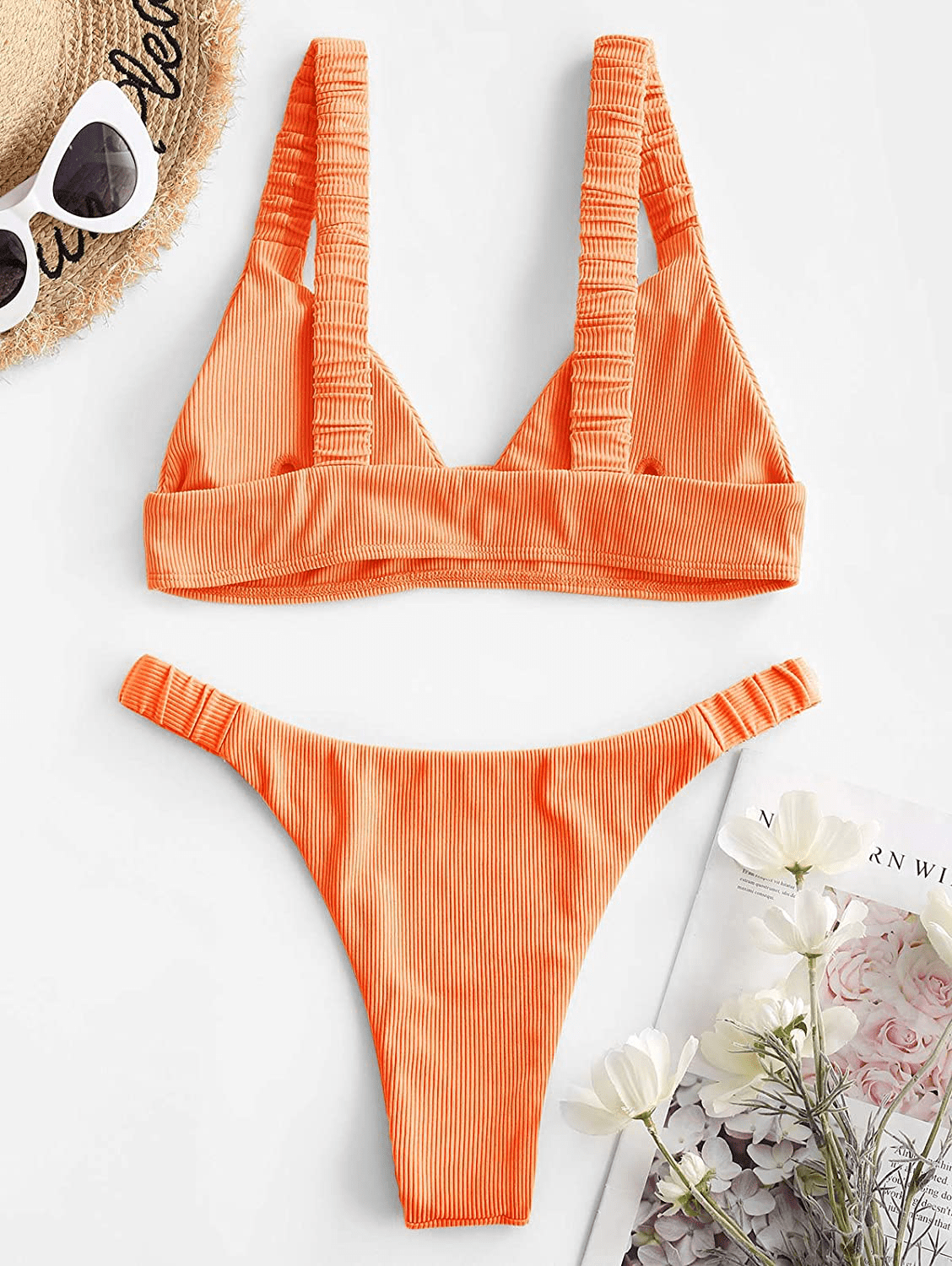 ZAFUL Women 2 Pieces Swimsuit with Elastic Straps, Ribbed Low Waisted Sexy Thong Bikini Bathing Suit Apparel & Accessories > Clothing > Swimwear Kylie Max   
