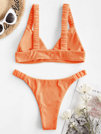ZAFUL Women 2 Pieces Swimsuit with Elastic Straps, Ribbed Low Waisted Sexy Thong Bikini Bathing Suit Apparel & Accessories > Clothing > Swimwear Kylie Max   