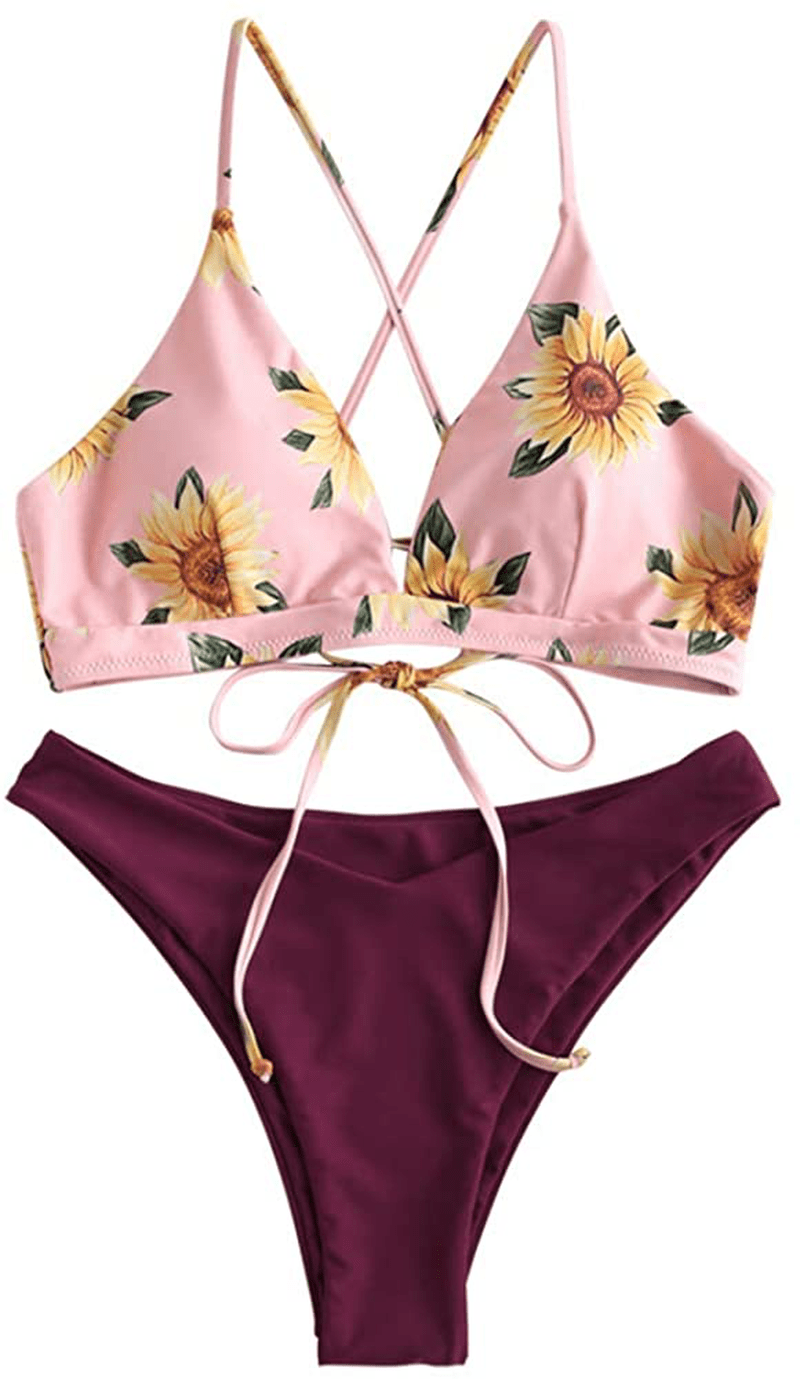 ZAFUL Women Braided Straps Lace up Contrast Bikini Set Bralette Swimsuit Flower Bathing Suit Cross Low Waist Swimwear  Kylie Max   