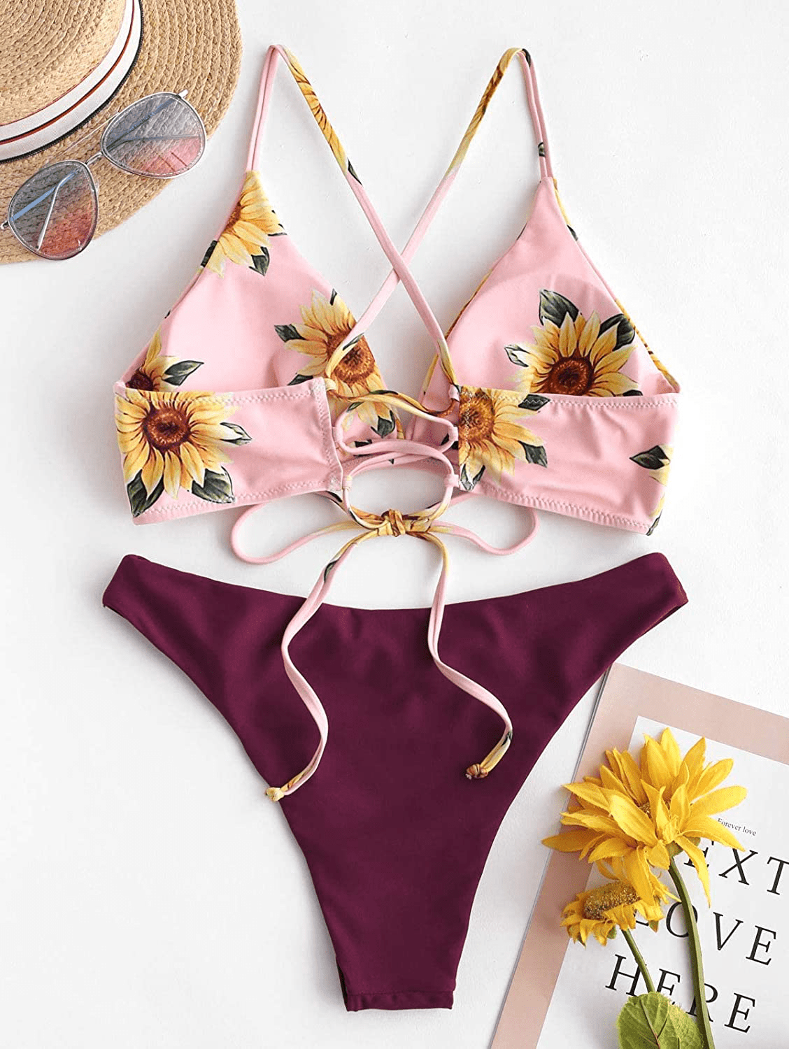ZAFUL Women Braided Straps Lace up Contrast Bikini Set Bralette Swimsuit Flower Bathing Suit Cross Low Waist Swimwear  Kylie Max   