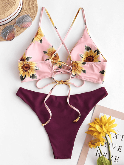 ZAFUL Women Braided Straps Lace up Contrast Bikini Set Bralette Swimsuit Flower Bathing Suit Cross Low Waist Swimwear  Kylie Max   