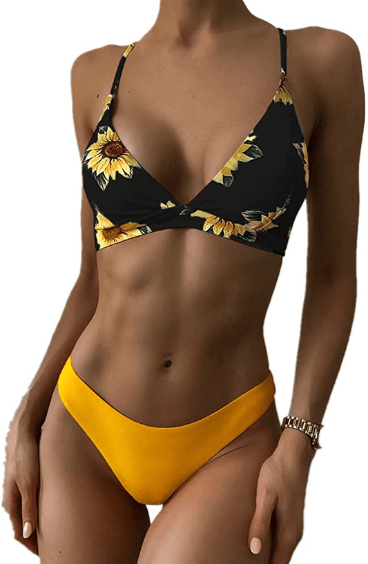 ZAFUL Women Braided Straps Lace up Contrast Bikini Set Bralette Swimsuit Flower Bathing Suit Cross Low Waist Swimwear  Kylie Max   