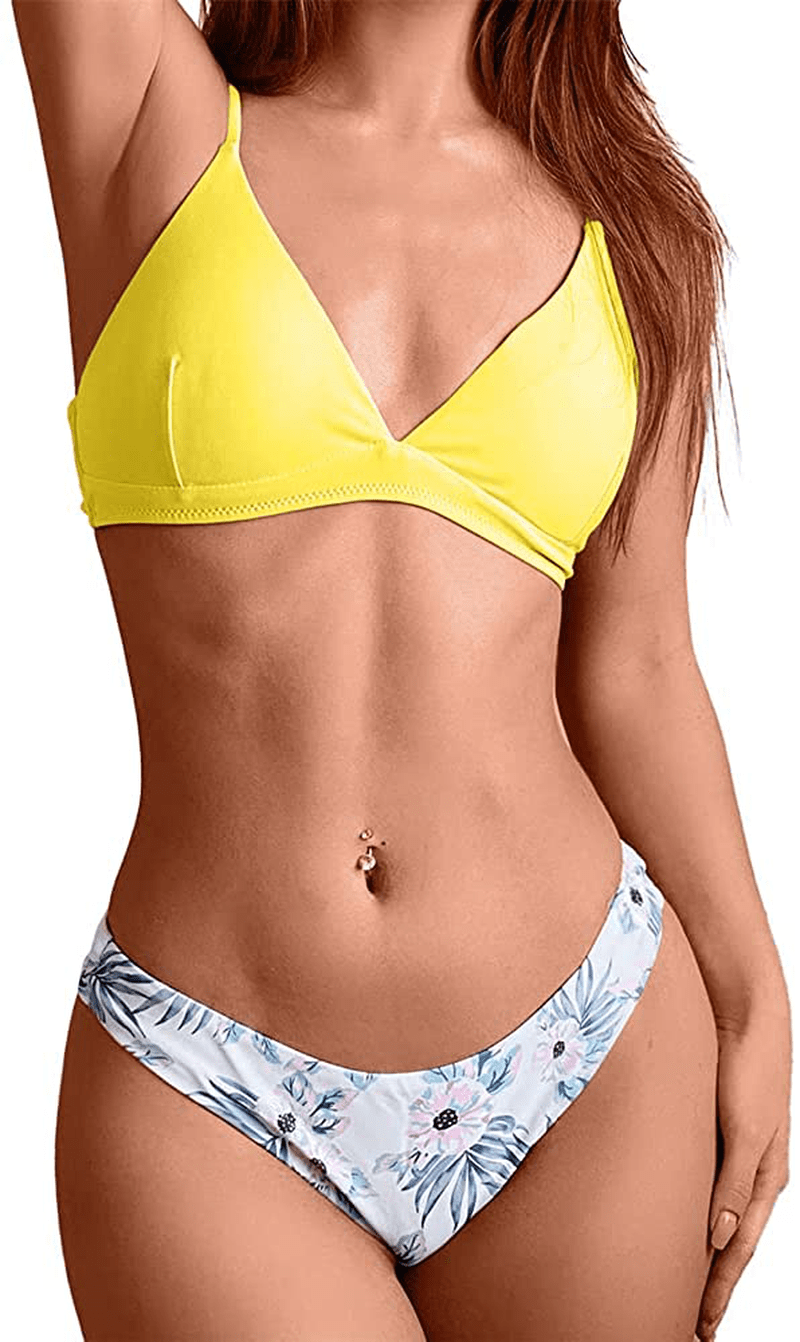 ZAFUL Women Braided Straps Lace up Contrast Bikini Set Bralette Swimsuit Flower Bathing Suit Cross Low Waist Swimwear  Kylie Max   