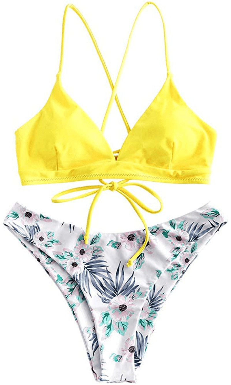 ZAFUL Women Braided Straps Lace up Contrast Bikini Set Bralette Swimsuit Flower Bathing Suit Cross Low Waist Swimwear  Kylie Max   