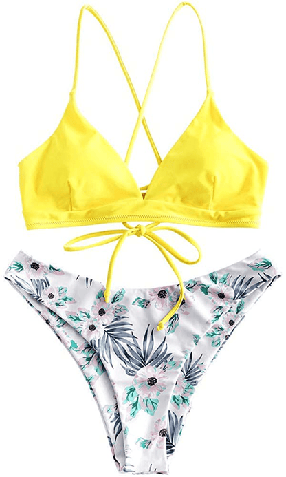 ZAFUL Women Braided Straps Lace up Contrast Bikini Set Bralette Swimsuit Flower Bathing Suit Cross Low Waist Swimwear  Kylie Max   