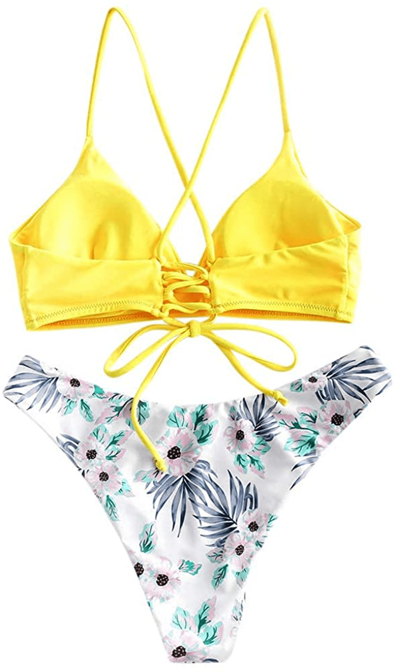 ZAFUL Women Braided Straps Lace up Contrast Bikini Set Bralette Swimsuit Flower Bathing Suit Cross Low Waist Swimwear  Kylie Max   