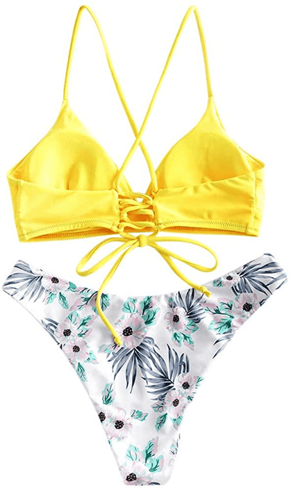 ZAFUL Women Braided Straps Lace up Contrast Bikini Set Bralette Swimsuit Flower Bathing Suit Cross Low Waist Swimwear  Kylie Max   